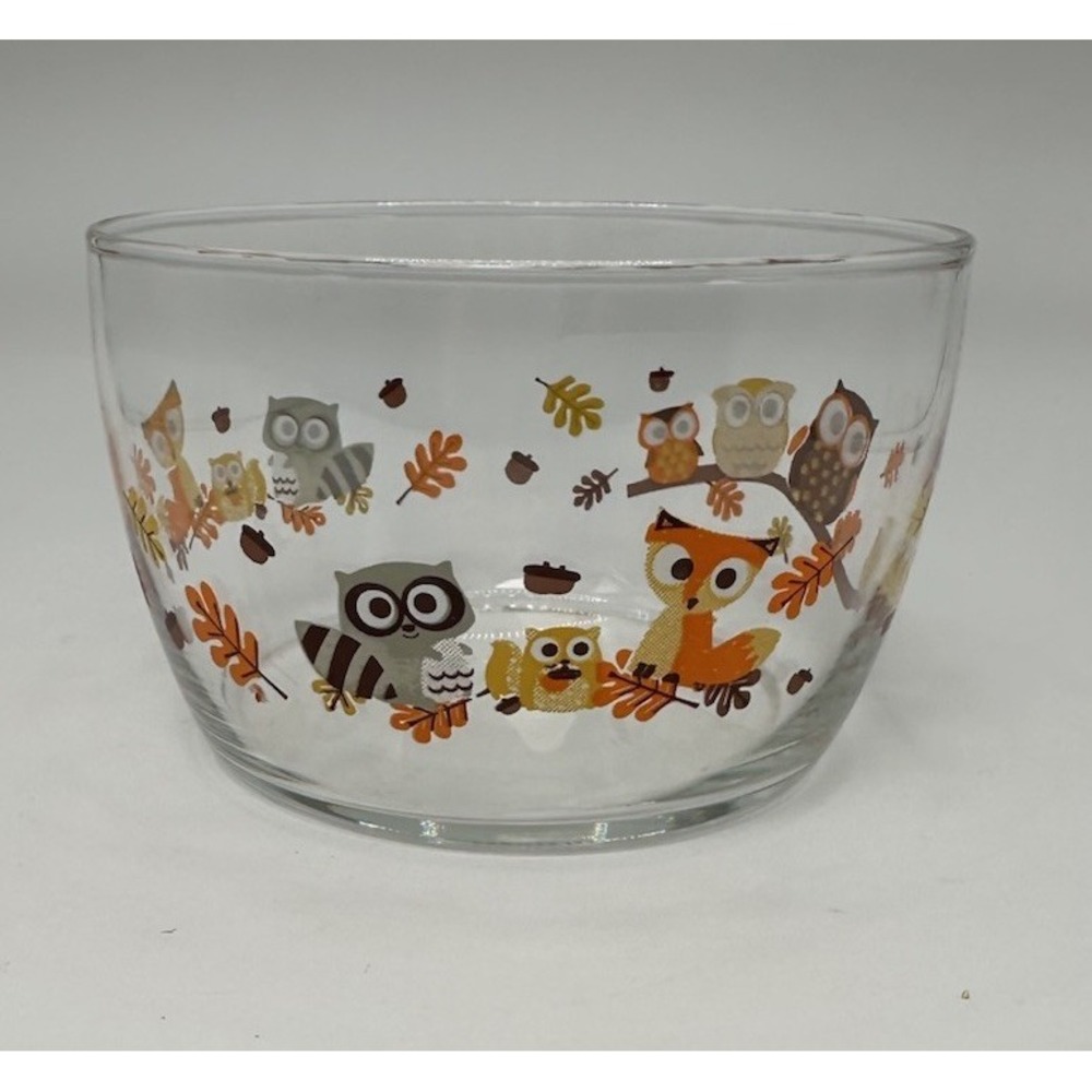 Vintage  Libbey Crisa Hoot Owl Fox Racoon Clear‎ Glass Bowl - Candy Dish